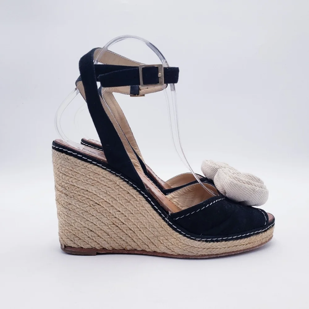 Kate Spade Brit Wedge Espadrille Sandal Black Suede Cream Rosette Twill Size 9.5
